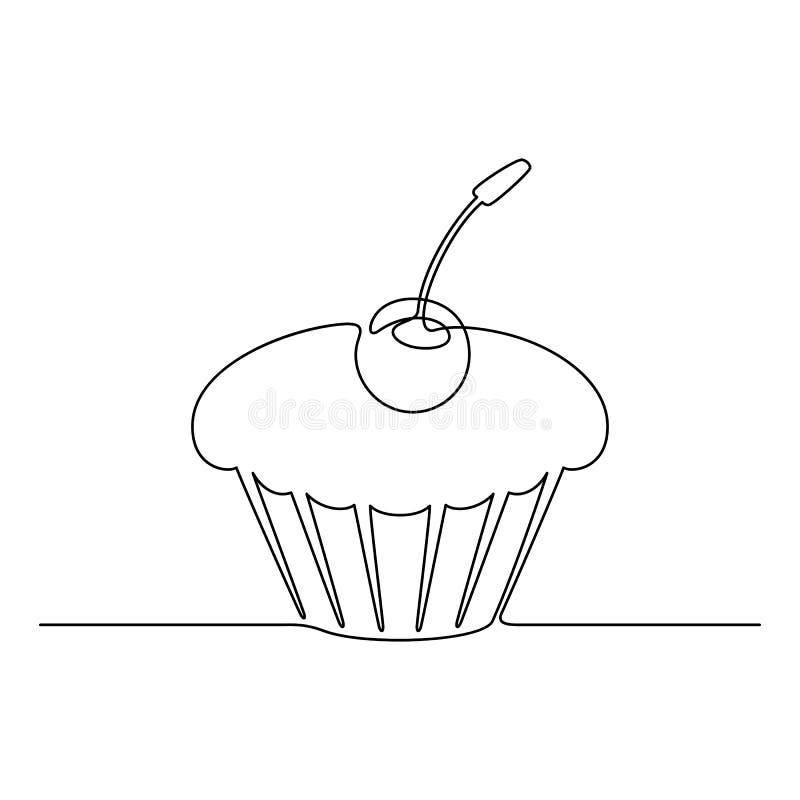 continuous line drawing cupcake cherry black isolated white background hand drawn vector illustration continuous line cake 196578369