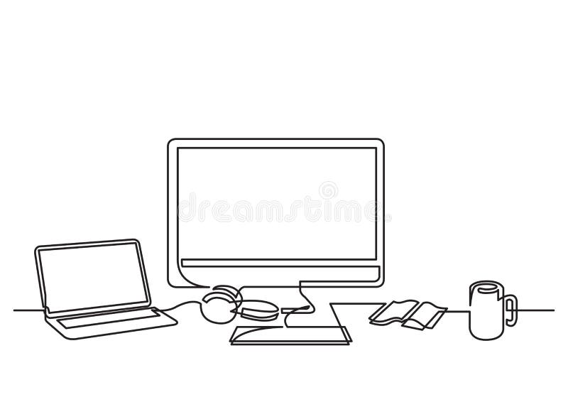 Continuous line drawing of desktop computer laptop and mug stock illustration