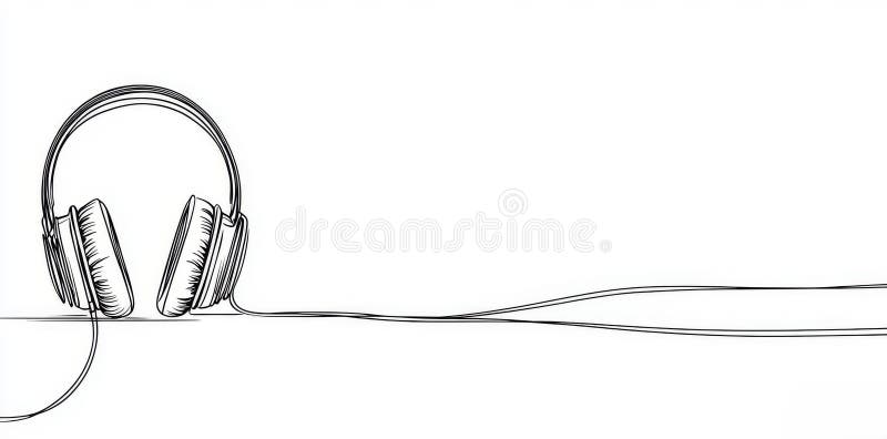 A continuous line drawing featuring headphones speakers for podcast web banners. A simple linear illustration depicting royalty free illustration