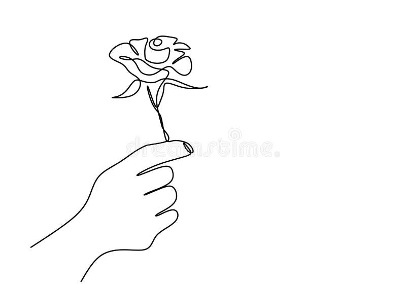 Continuous Line Drawing of a Hand Holding Rose Flower. Hand`s Woman