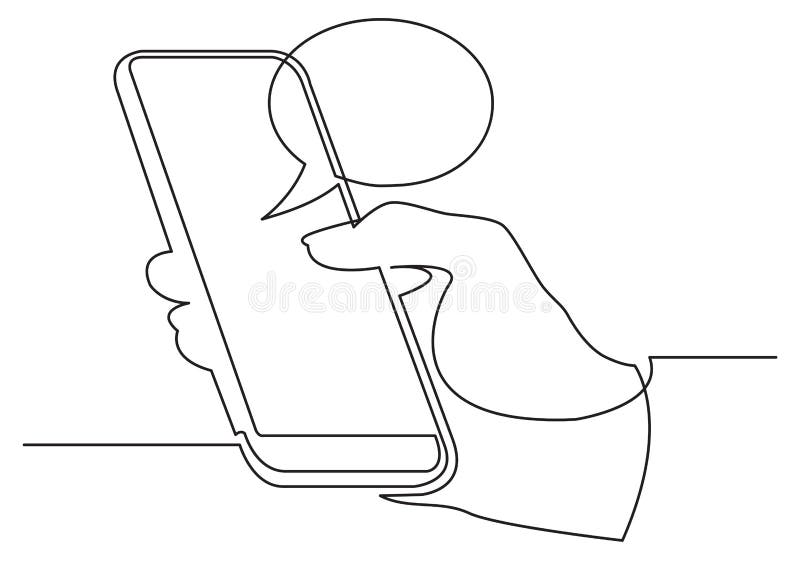 Continuous line drawing of hand using social media mobile app on smart phone stock illustration