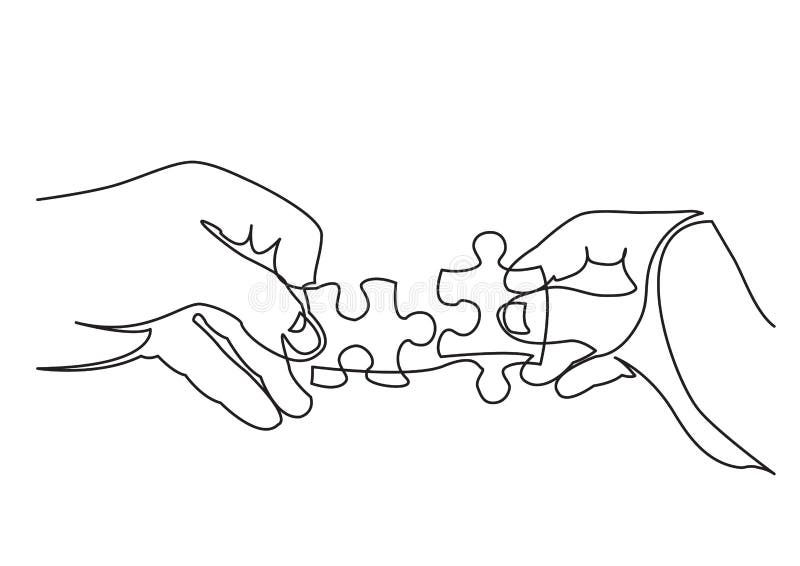 Continuous line drawing of hands solving jigsaw puzzle