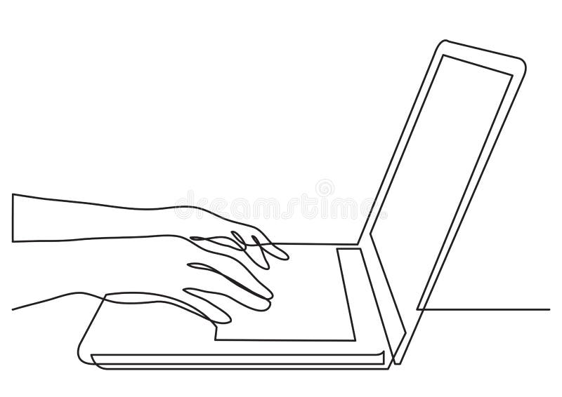 Continuous line drawing of hands typing on laptop computer stock illustration
