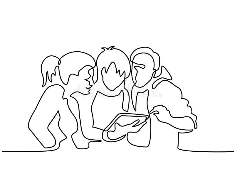 Happy friends browsing electronic tablet. vector illustration