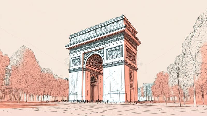 Continuous line drawing of the iconic Arc de Triomphe set against a neutral backdrop stock illustration