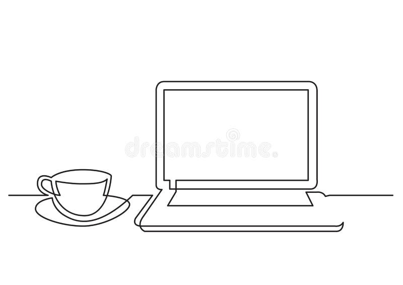 Continuous line drawing of laptop computer cup of tea royalty free illustration
