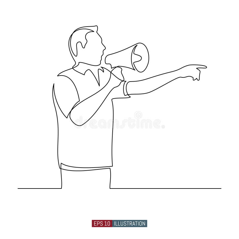 Continuous line drawing of The man speaks through a megaphone and points. Template for your design works. Vector illustration royalty free illustration