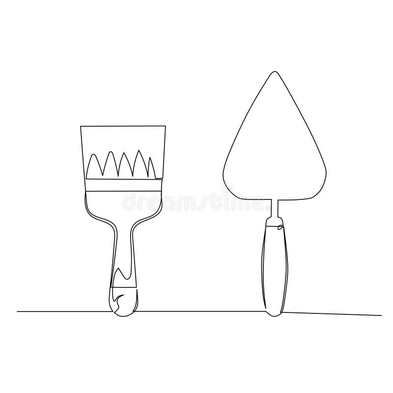 Continuous line drawing of a paint brush and plastering trowel. Simple flat hand drawn style vector for tool in engineering and construction. Civil engineering line art vectors