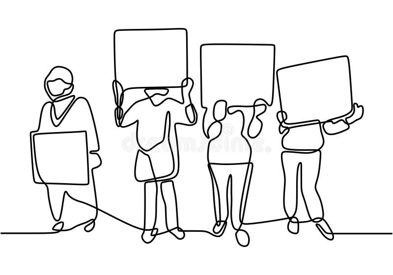 Continuous line drawing people holding a protest sign. People`s aspirations. Protest or revolution concept. Vector illustration