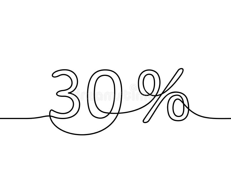 Continuous line drawing of 30 percent sign, Black and white vector minimalistic hand drawn royalty free illustration