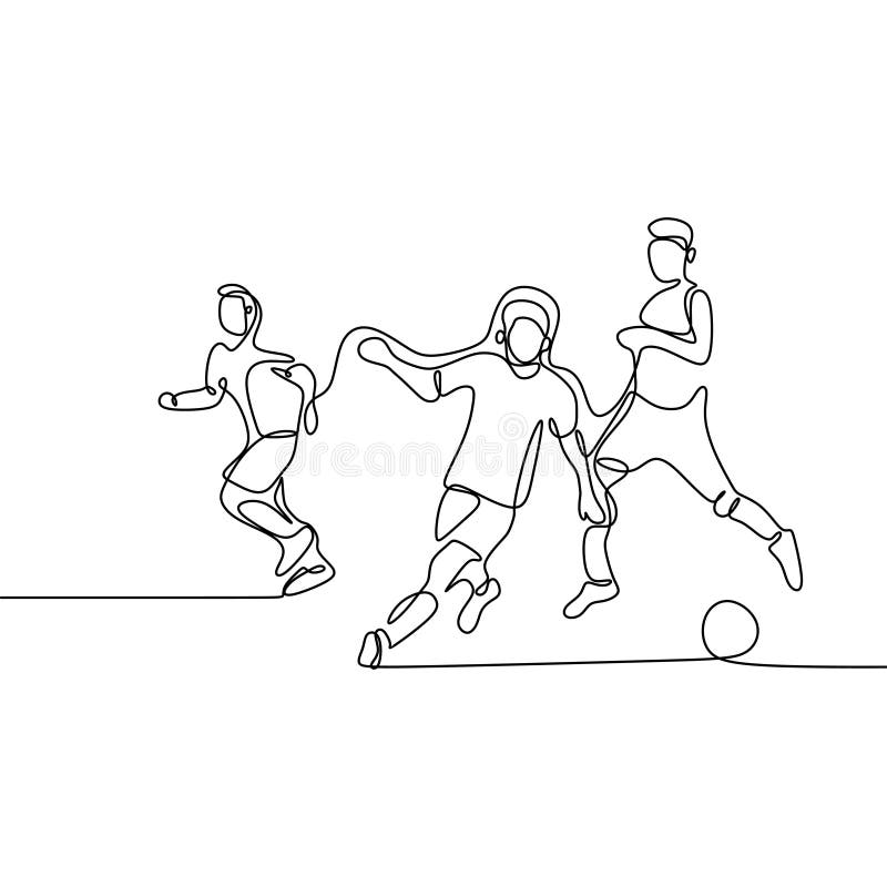 Continuous Line Drawing Of Running Soccer Football Players Footballers