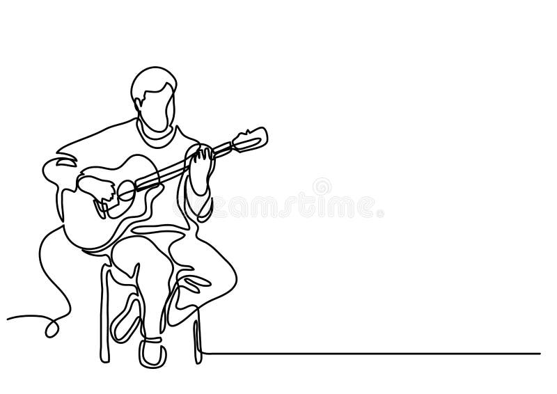 Continuous line drawing of sitting guitarist playing guitar stock illustration