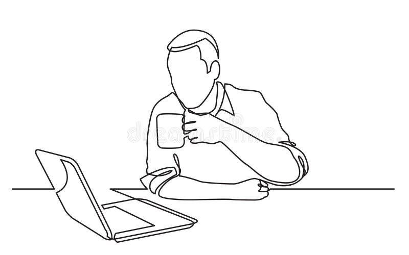 Continuous line drawing of sitting man watching laptop computer drinking coffee royalty free illustration