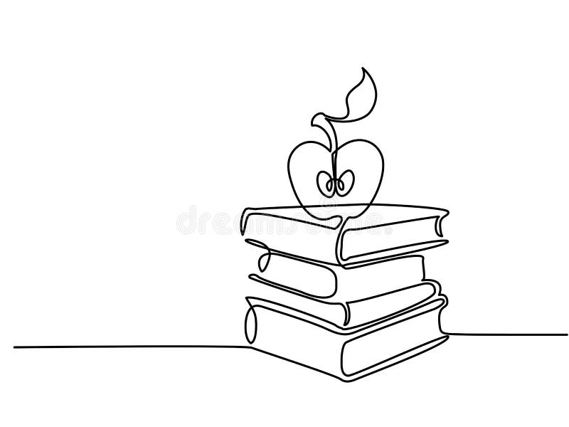 Continuous line drawing. Stack of books with apple royalty free illustration