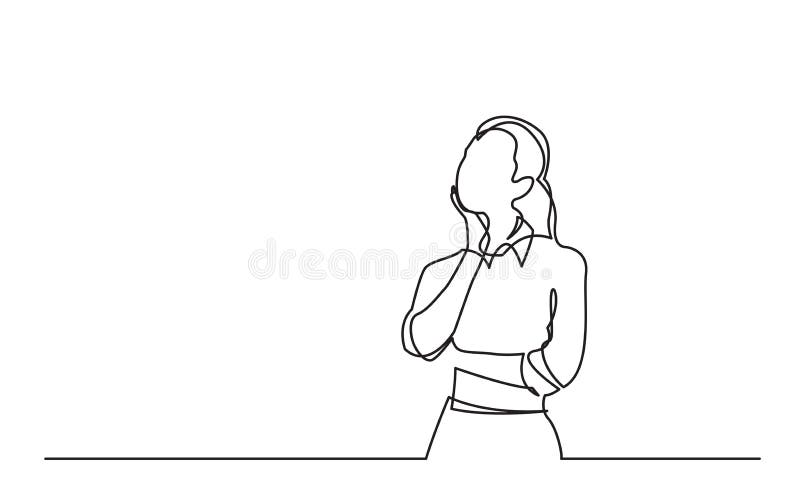 Continuous line drawing of standing woman thinking stock illustration