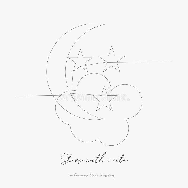 Continuous Line Drawing Stars With Cute Moon Simple Vector