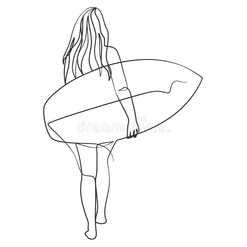 Continuous Line Drawing of a Surfer Girl with a Surfboard Stock Vector ...