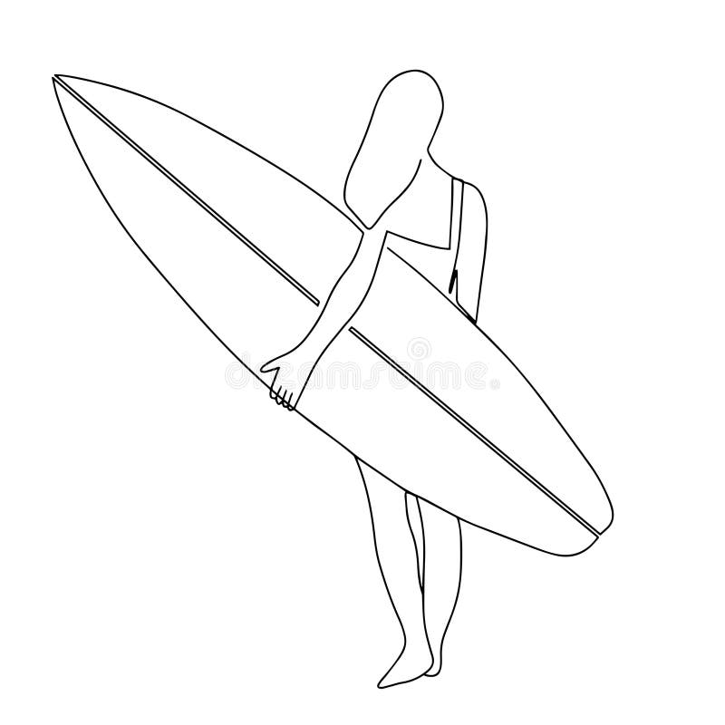 Continuous Line Drawing of a Surfer Girl with a Surfboard, One Line ...