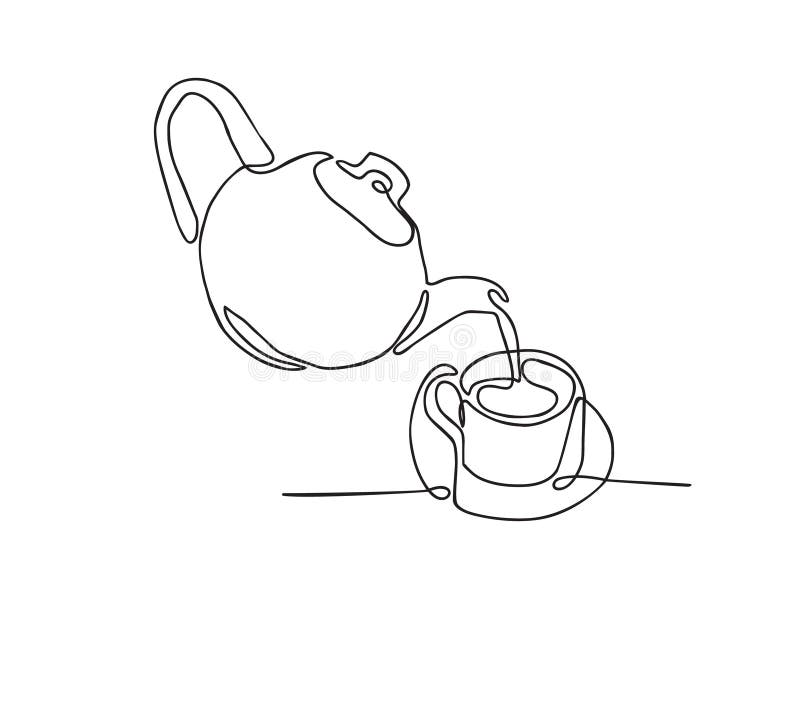 Continuous line drawing of Tea pot and tea cup on a white background. vector illustration