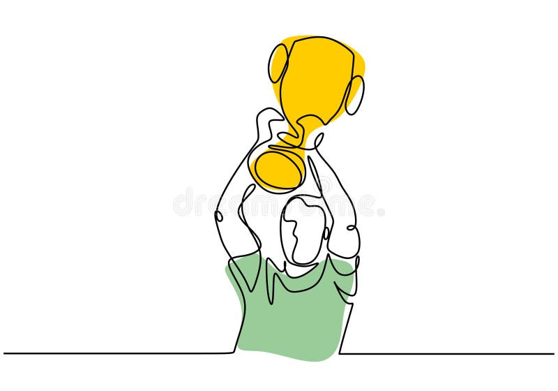 Continuous line drawing of winner holding and raising champion trophy. Vector illustration single hand drawn style stock illustration