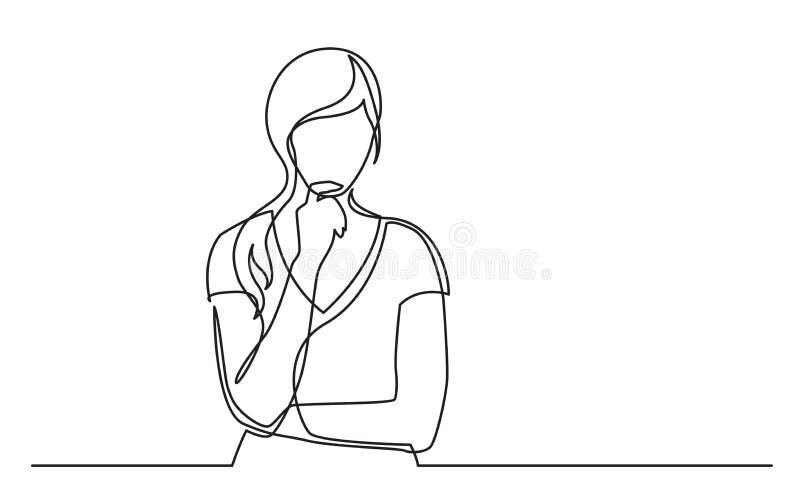 Continuous line drawing of woman confused thinking stock illustration