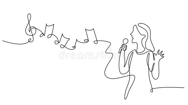 The expression of music shown in a single continuous line drawing of a woman singing, a simple vector outline representing performance, voice, and sound. Woman singing vectors