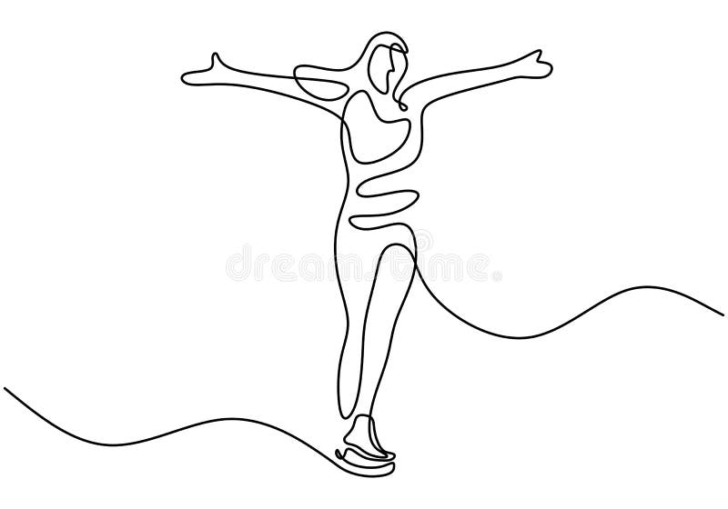 Continuous line drawing of young girl playing ice skating in the ice area isolated on white background. Figure skating girl hand