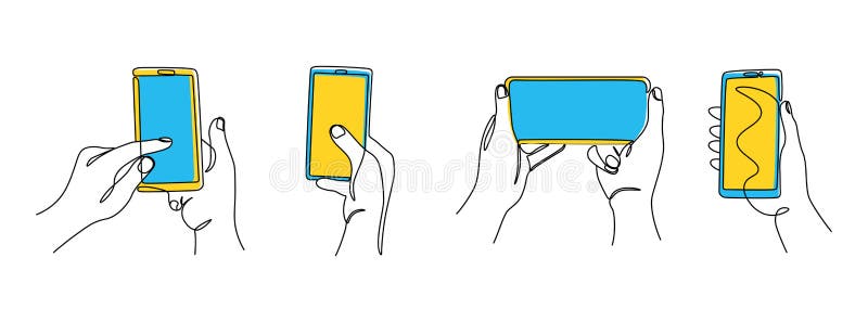 Continuous line hands with phones. One line phones in portrait and landscape modes, hands using smartphones. Vector set stock illustration