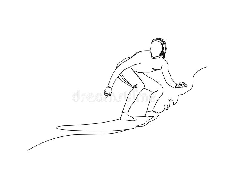 Continuous Line of Surfer and Waves. Surfing in Sea Hand Drawn