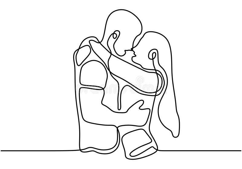 Continuous line drawing of couple hug. Cute and romantic man and woman in  love. Minimalism sketch vector illustration. Stock Vector