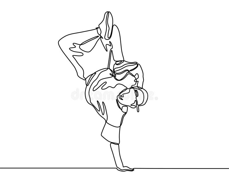 Continuous one line drawing break dance. Person doing sport dance activity. Minimalist design vector illustration, people, performance, isolated, boy, hip-hop, modern, street, hand, motion, cool, urban, young, dancer, woman, jump, style, male, fashion, fitness, white, female, black, background, action, acrobat, breakdance, girl, aerobics, active, adult, painted, posing, guy, performer, funky, lifestyle, concept, sketch