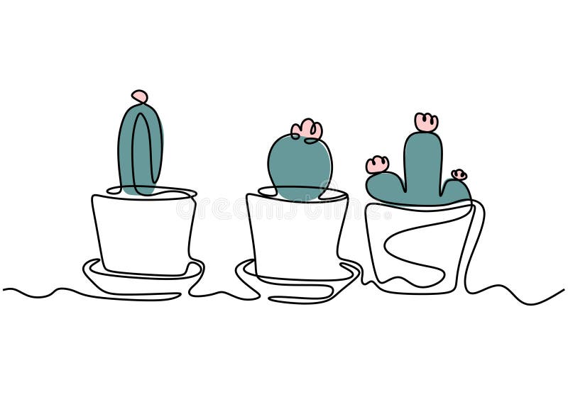 Continuous one line drawing of cactus or cactii succulents. Plant set vector single hand drawn sketch minimalism royalty free illustration