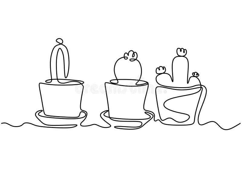 Continuous one line drawing of cactus or cactii succulents. Plant set vector single hand drawn sketch minimalism stock illustration