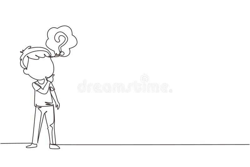 Continuous one line drawing cute boy thinking. Kids think creative idea. Bubble with question mark sign. Concept of learning and royalty free illustration