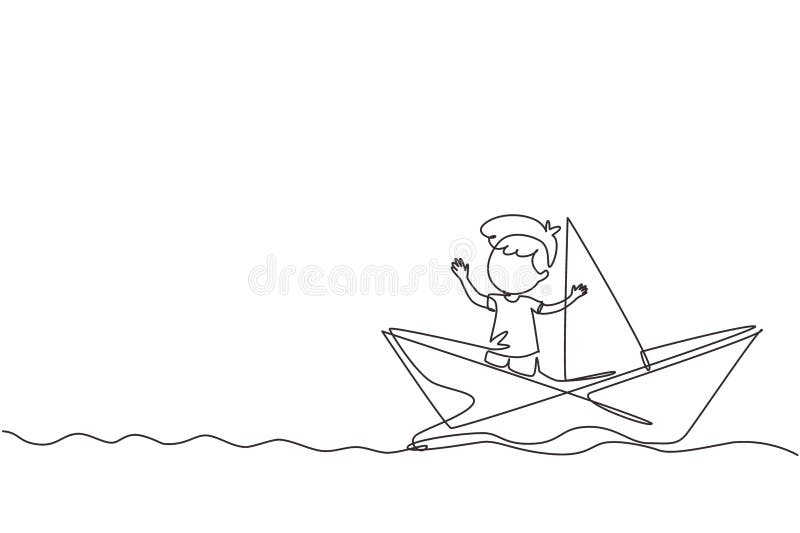 Continuous one line drawing cute smiling little boy sailing on paper boat. Happy smiling kid having fun and playing sailor in