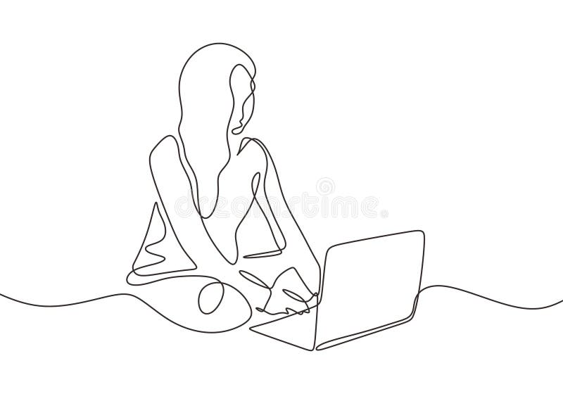 Continuous one line drawing of girl sitting with laptop. Casual woman doing freelance job work at home