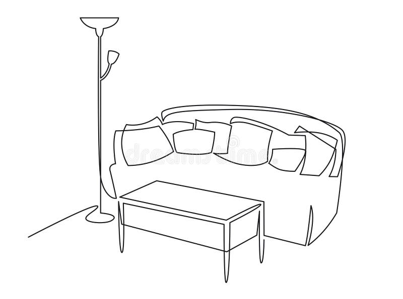 Continuous one line drawing the interior of the living room in the house. Sofa, coffee table and lamp vector hand drawn