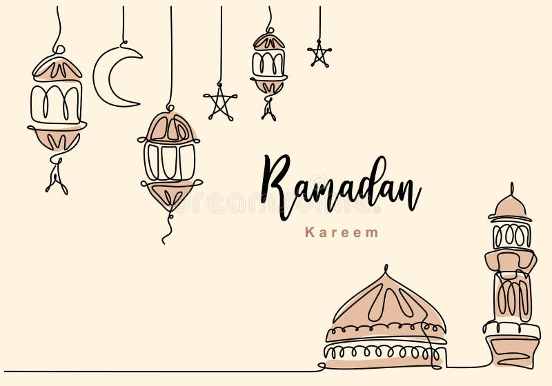 Continuous one line drawing of Islamic mosque with hanging traditional lantern, star and half moon. Ramadan Kareem greeting card