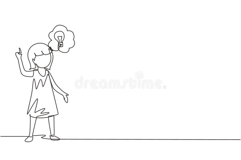 Continuous one line drawing little girl thinking. Kids think creative idea. Bubble with light bulbs sign. Concept of learning and stock illustration