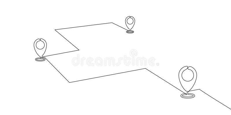 Continuous one line drawing of path with map location pointers. Map pin or navigation pointer that mark geolocation vector illustration