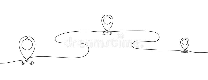 Continuous one line drawing of path with map location pointers. Single line route or way with map pin or navigation pointer vector illustration