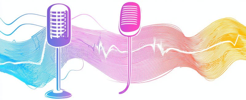 A continuous one-line drawing of a podcast microphone and sound wave with varying amplitudes, doodle modern illustration royalty free stock images