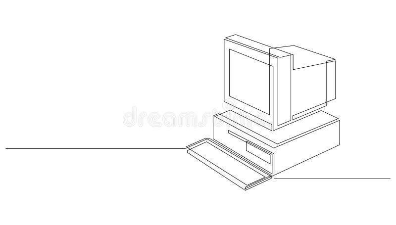 Continuous one line drawing of retro personal computer. Vintage cpu with analog monitor and keyboard drawn by single line. Vector illustration. Old computer keyboard cpu monitor vectors