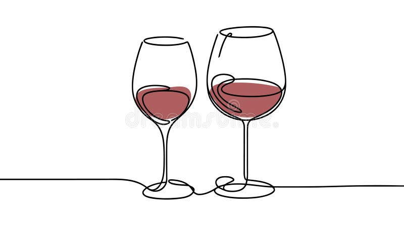 Continuous One Line Drawing of Two Glasses of Red Wine. Minimalist