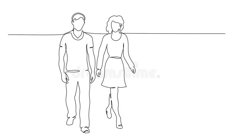Continuous one line drawing. Walking couple man and woman. Vector illustration. Line drawing man woman walking together vectors