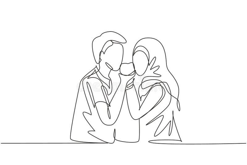 Continuous One Line Drawing Young Arabian Couple Sharing Apple ...