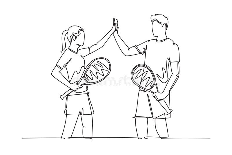 Continuous one line drawing young fun couple male and female playing tennis at grass court together and giving high five gesture.