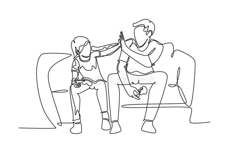 Continuous one line drawing of young happy father have fun playing console video game with his son on the couch together. Parenting family concept. Single line draw design vector graphic illustration