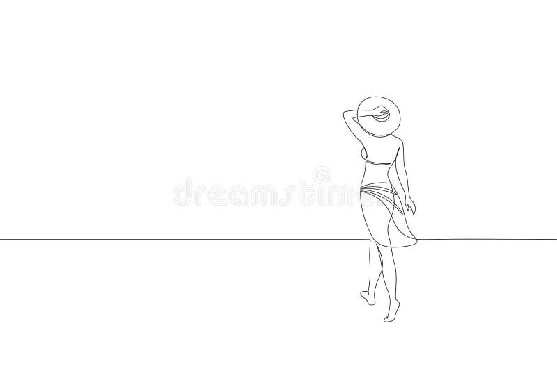 Continuous one single line art girl walking on sand beach concept. Beautiful woman portrait tropical holiday travel