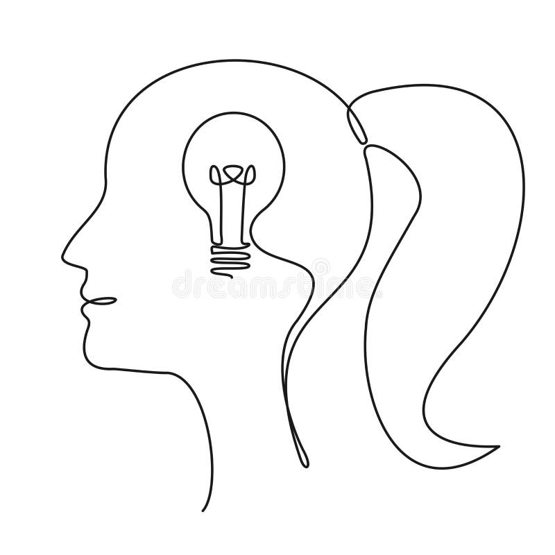 Continuous Single Line Drawing of Human Head with Light Bulb Inside